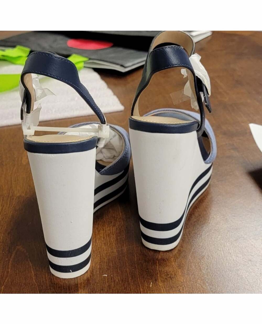 Aldo Broa Navy Blue Denim And White Stripe Platform Wedge Sandal - Picture 5 of 16